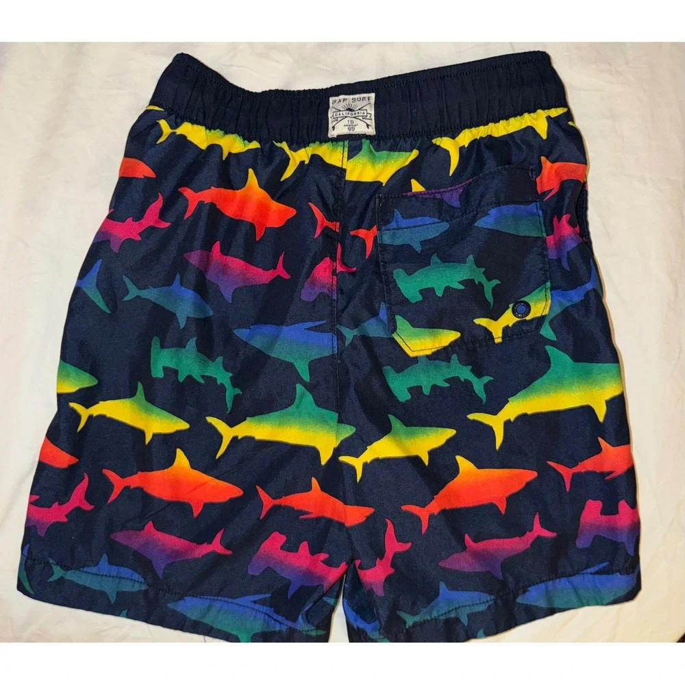 Gap Kids Boys Navy Rainbow Shark Print Swim‎ Trunks Board Shorts Size L 10-12